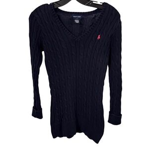 Ralph Lauren Girls Cable Knit Dress L/S Navy Blue V-Neck Sz L 12-14